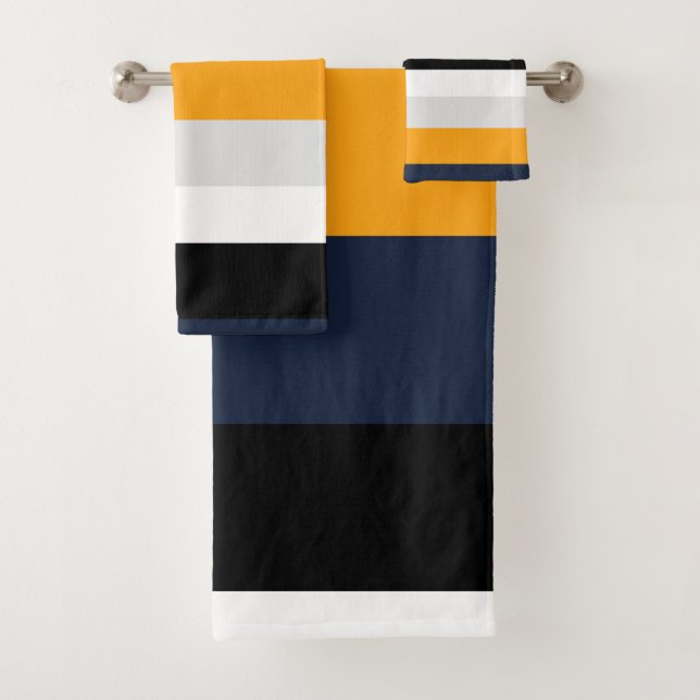 Yellow, blue, white, and black stripes bath towel set (Insitu)