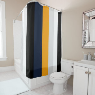 Yellow, blue, white, and black stripes shower curtain