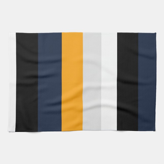 Yellow, blue, white, and black stripes tea towel (Horizontal)