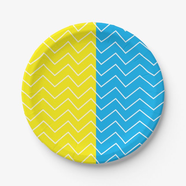 Yellow Blue White Chevron Colour Block Pattern Paper Plate (Front)