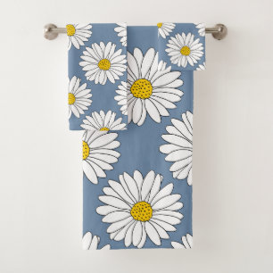 Yellow Blue White Daisy Pattern Bath Towel Set