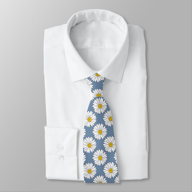 Yellow Blue White Daisy Pattern Tie (Tied)