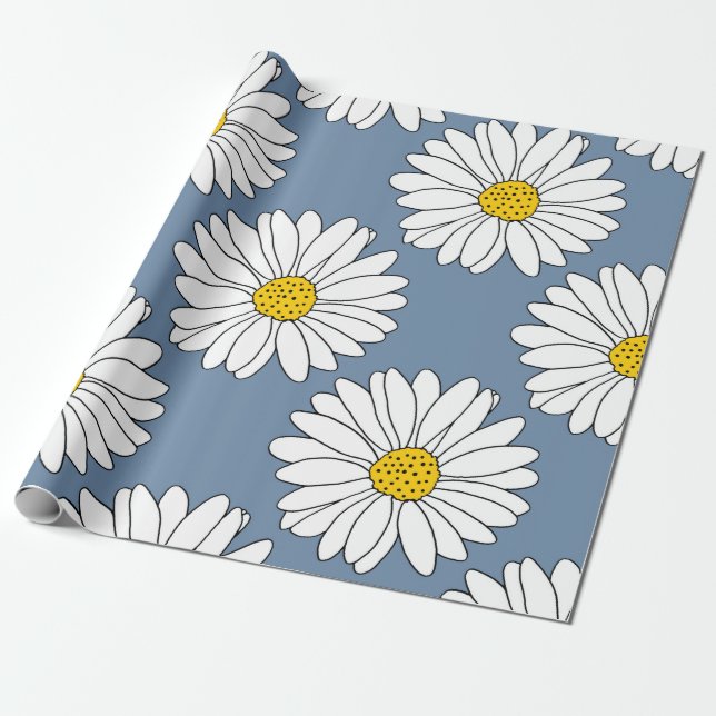 Yellow Blue White Daisy Pattern Wrapping Paper (Unrolled)