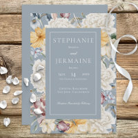 Yellow Blue & White Floral On Blue Invitation