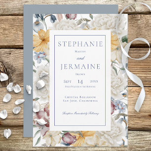 Yellow Blue & White Floral White Frame Wedding Invitation