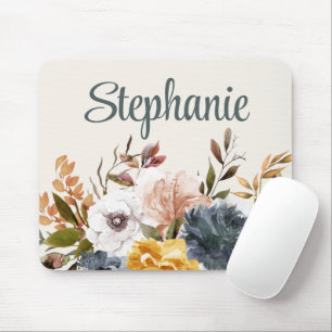 Yellow Blue White Watercolor Floral Greenery Name  Mouse Mat