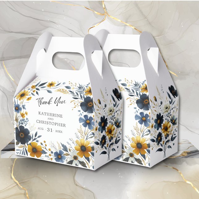 Yellow Blue Wildflowers Elegant Large Wedding Favour Box (Watercolor Floral Large Wedding Favor Box with Blue and Yellow Wildflowers, Wedding Info, QR Code.)