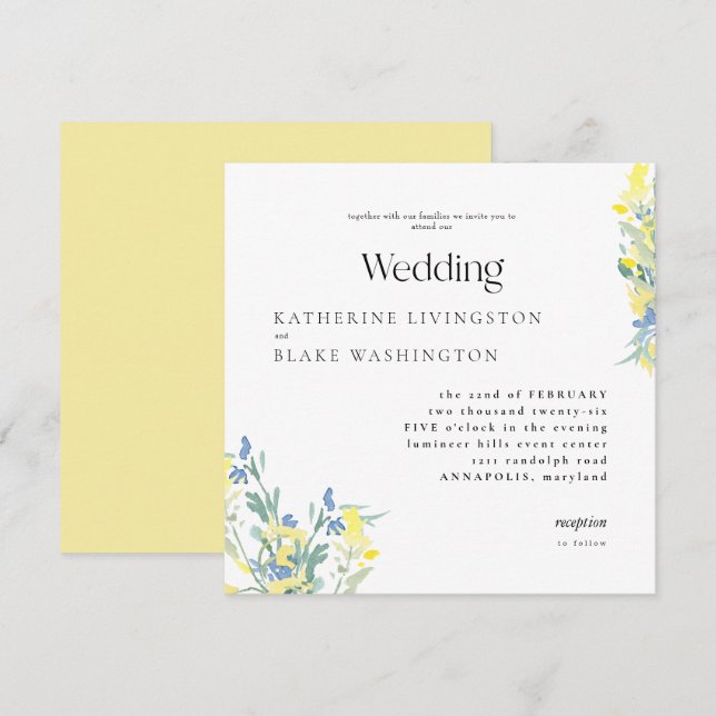 Yellow & Blue Wildflowers Square Wedding Invitation (Front/Back)