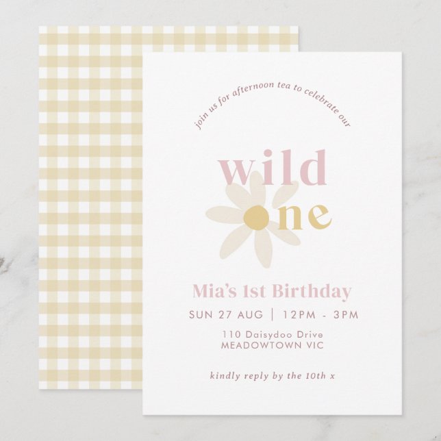 Yellow Blush Boho Daisy Floral First Birthday Invitation (Front/Back)