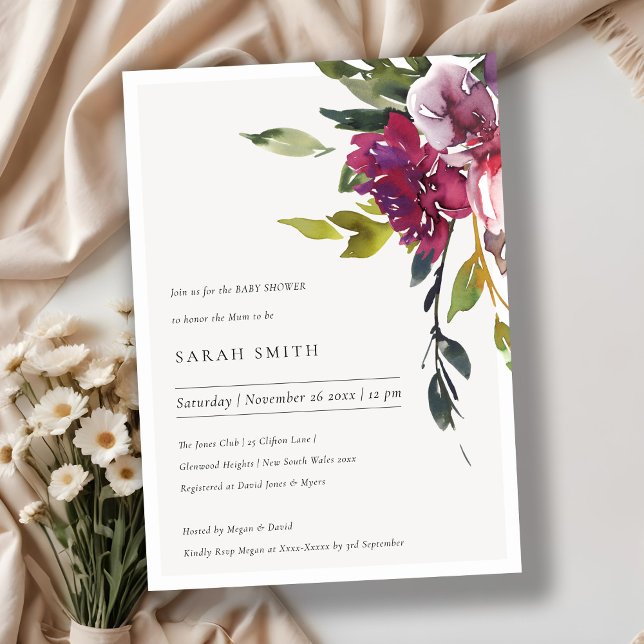 Yellow Blush Burgundy Floral Baby Shower Invite (Creator Uploaded)