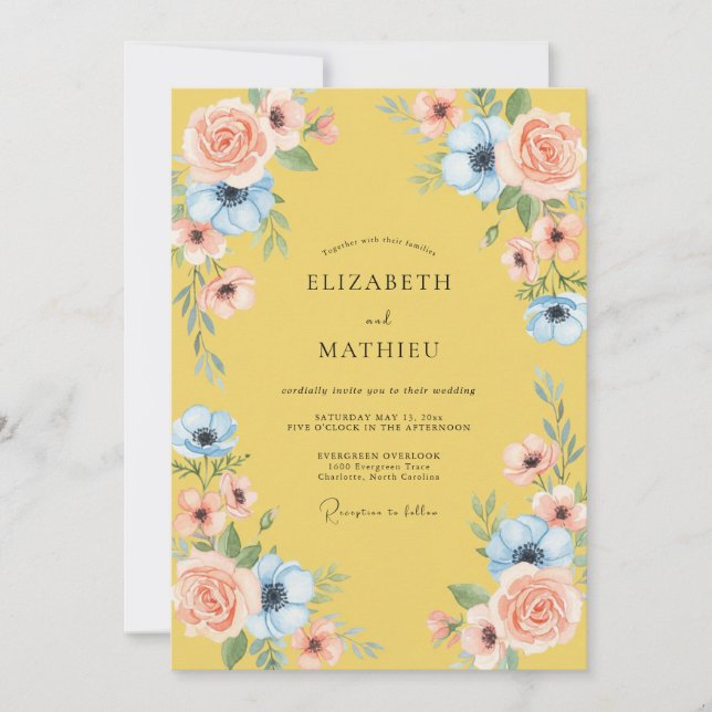 Yellow Blush Floral Bloom Wedding Invitation (Front)