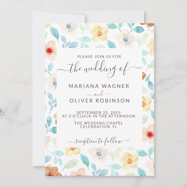 Yellow Blush Rust Simple Floral Elegant Script Inv Invitation (Front)