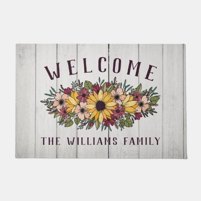 Yellow Blush Sunflower Bouquet White Wood Welcome Doormat (Front)