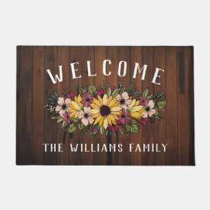 Yellow Blush Sunflower Bouquet Wood Grain Welcome Doormat