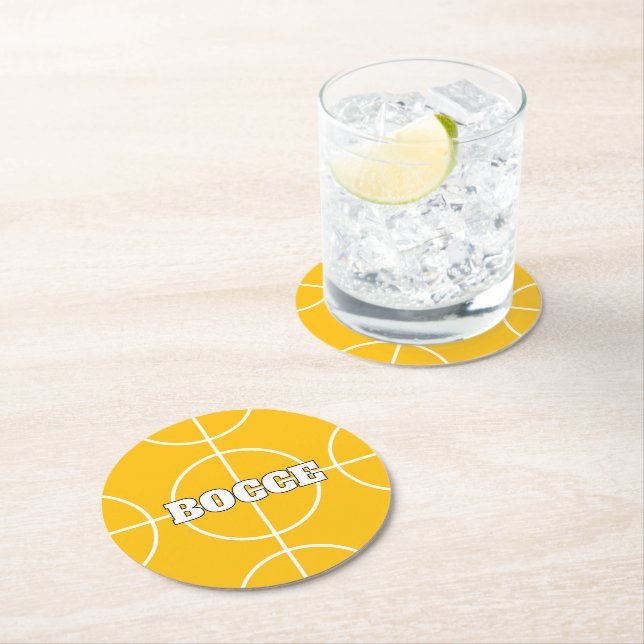 Yellow Bocce Ball custom paper drink coasters (Insitu)