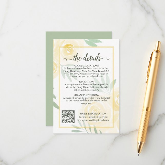 Yellow Boho Chic Roses Wedding Details QR Code Enclosure Card (Front/Back In Situ)