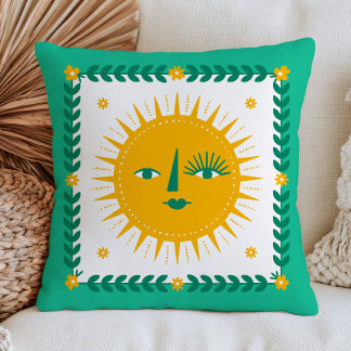 Yellow BOHO Chic Sun Face Bohemian Green Celestial Cushion