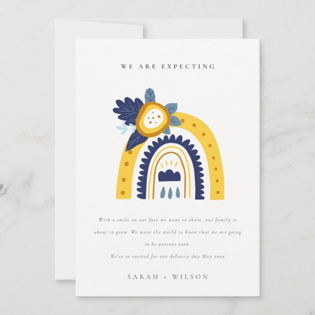 Yellow Boho Floral Rainbow Baby Announcement (Front)