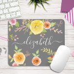 Yellow boho floral watercolor grey monogram script mouse mat<br><div class="desc">Yellow, pink, red and orange watercolor flowers and white script typography overlay a soft grey background on this beautiful, rustic, romantic, vintage floral custom name mousepad. Add your name to personalise. Makes a chic and stylish statement every time you use it. A great gift for a friend, as well as...</div>