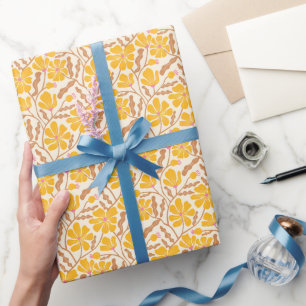 Yellow Boho Mid Century Modern Floral Pattern Wrapping Paper