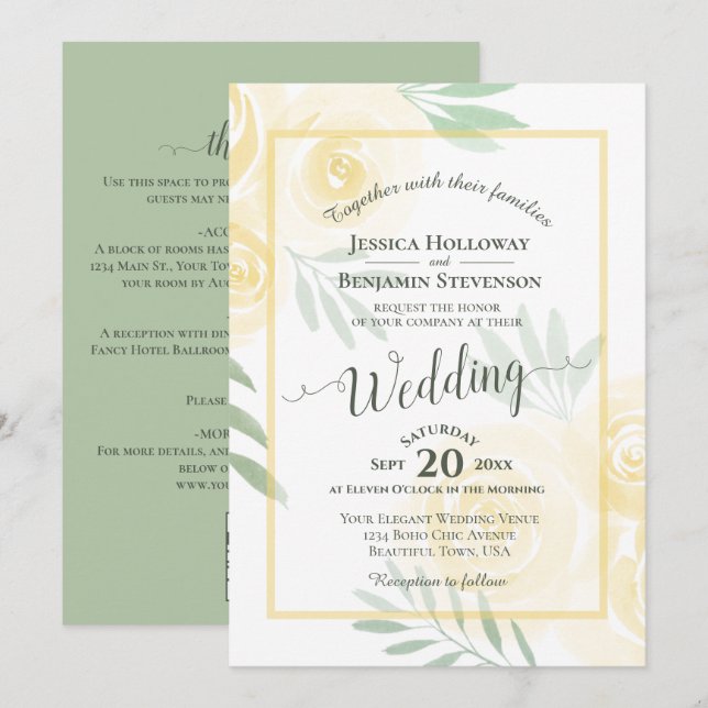 Yellow Boho Roses Calligraphy & QR Code Wedding Invitation (Front/Back)