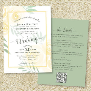 Yellow Boho Roses Calligraphy & QR Code Wedding Invitation