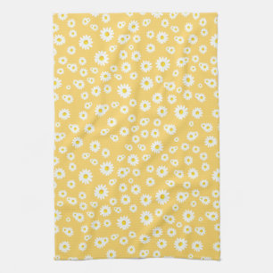 Yellow Boho Spring Daisies Pattern Tea Towel