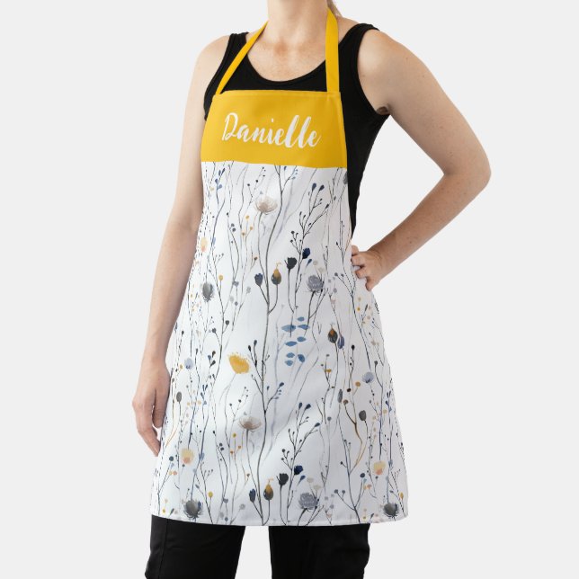 Yellow Boho Watercolor Wildflower Custom Name Apron (Insitu)