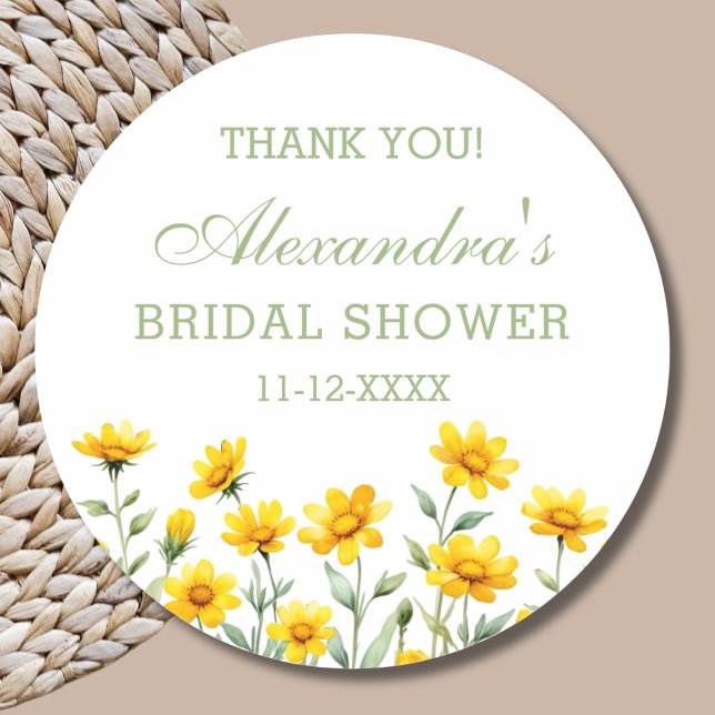 Yellow Boho Wildflower Bridal Shower Thank You Classic Round Sticker (Creator Uploaded)