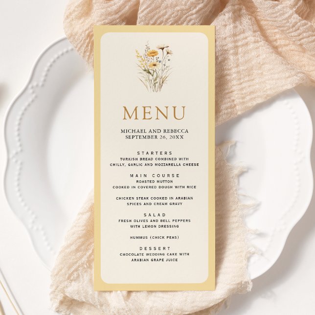 Yellow Boho Wildflower Floral Wedding Menu (Creator Uploaded)