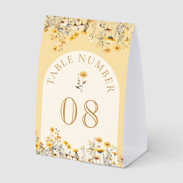 Yellow Boho Wildflower Floral Wedding Table Number (Front)