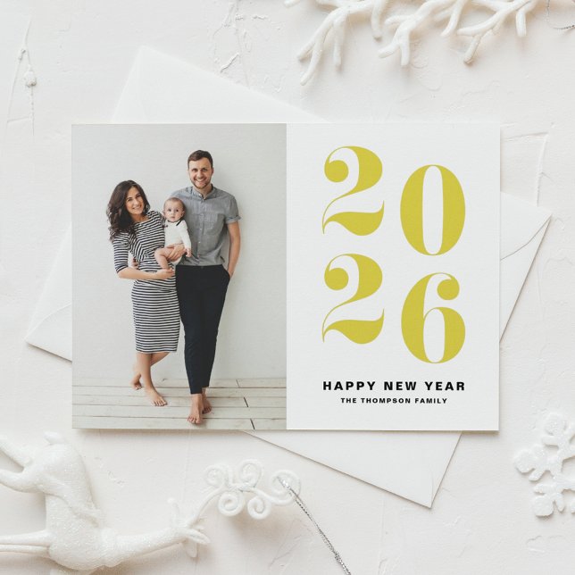 Yellow Bold Typography 2022 Photo Happy New Year Holiday Card (Ring in 2026 with this Happy New Year Photo Card featuring 2026 in yellow retro bold typography.)