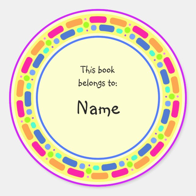 Yellow bookplate with colourful border classic round sticker (Front)
