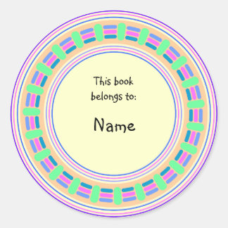 Yellow bookplate with colourful border classic round sticker
