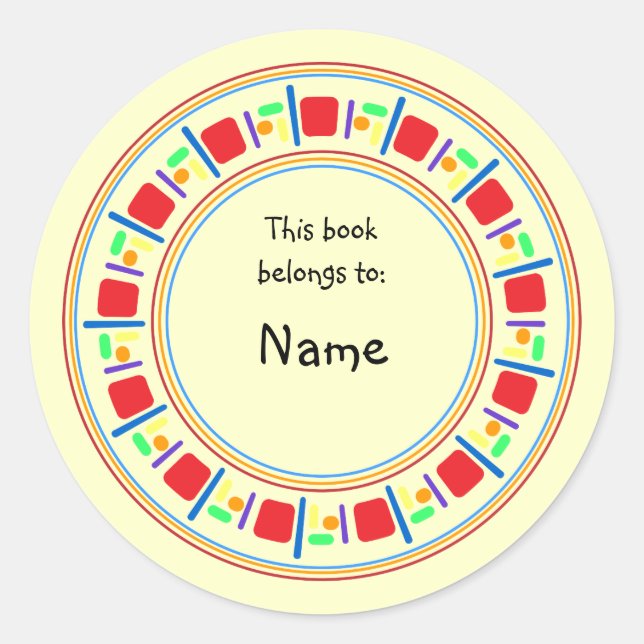 Yellow bookplate with colourful border classic round sticker (Front)