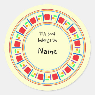 Yellow bookplate with colourful border classic round sticker