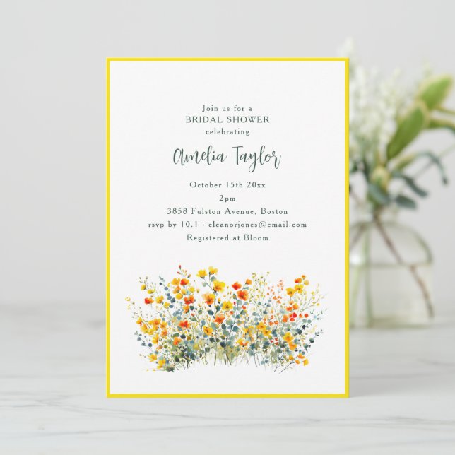 Yellow Border Wildflower Spring Bridal Shower Invitation (Standing Front)