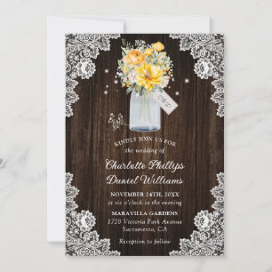 Yellow Botanical Rustic Wood Lace Wedding Invitation