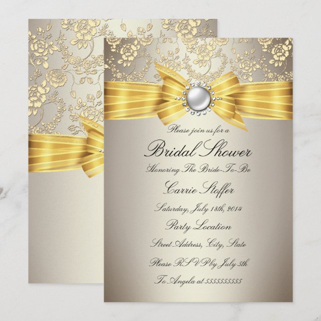 Yellow Bow Beige Rose Bridal Shower Invitation (Front/Back)