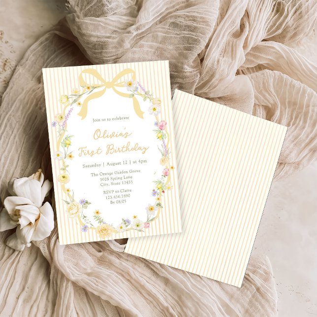 Yellow Bow Floral Stripes Birthday Invitation (Creator Uploaded)