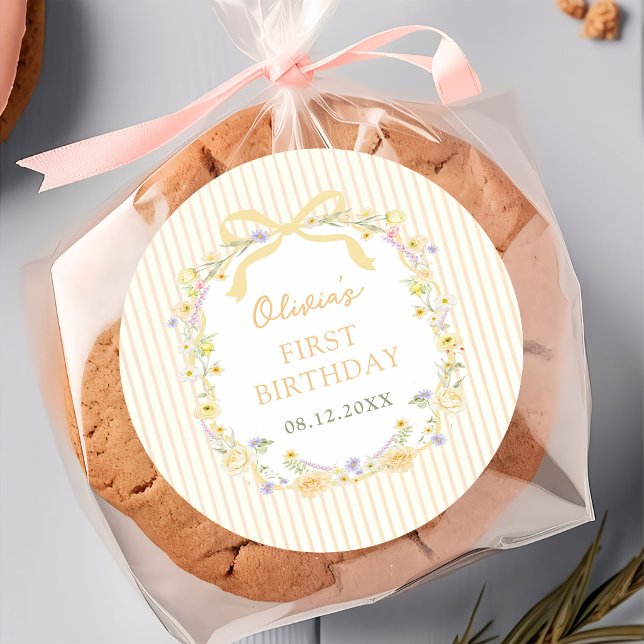 Yellow Bow Floral Stripes Birthday Sticker (Creator Uploaded)