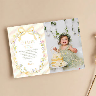 Yellow Bow Floral Stripes Photo Birthday Thank You Card