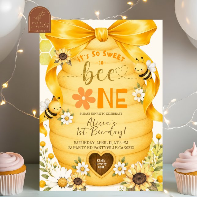 Yellow Bow So Sweet To BEE One Birthday Invitation (Creator Uploaded)