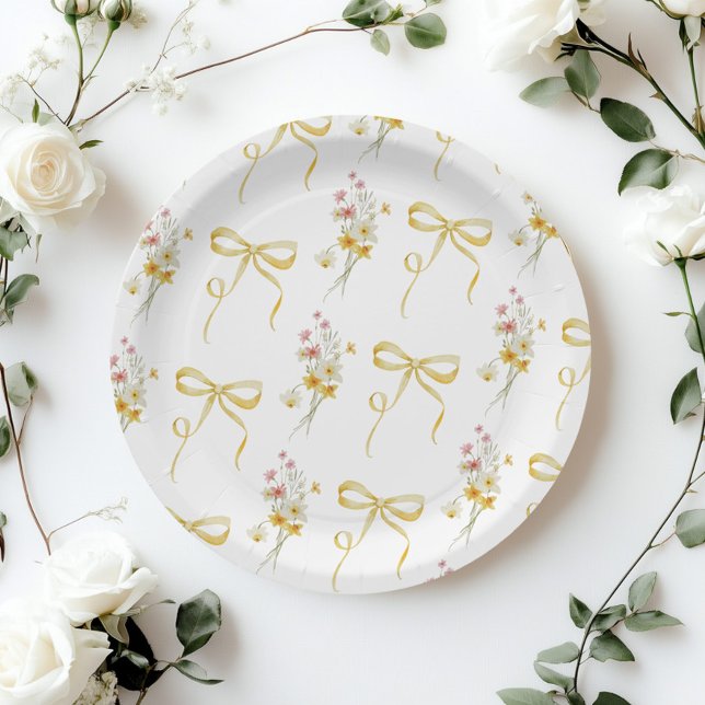 Yellow Bow Summer Wildflowers Baby shower Paper Plate (Creator Uploaded)
