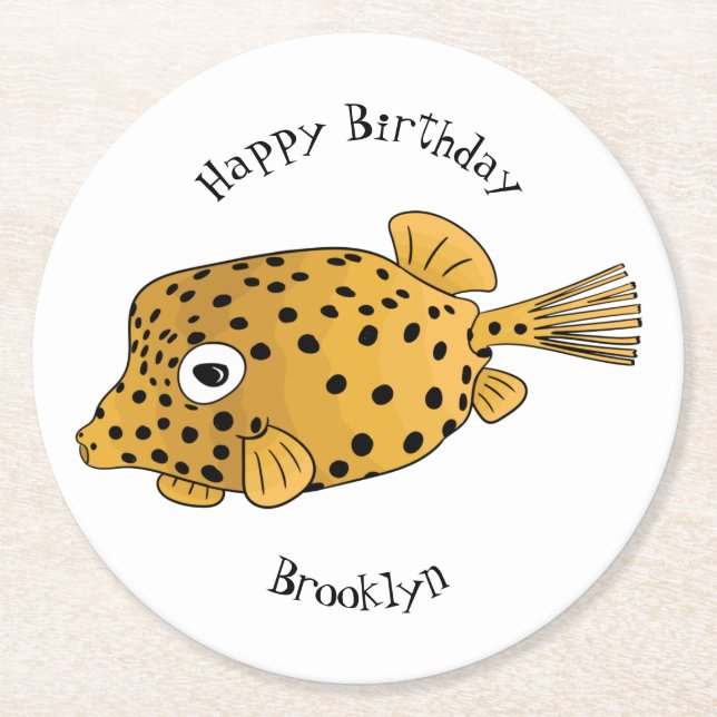 Yellow boxfish cartoon illustration round paper coaster (Front)