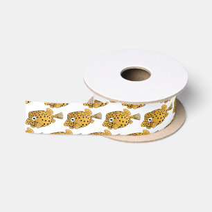 Yellow boxfish cartoon illustration satin ribbon