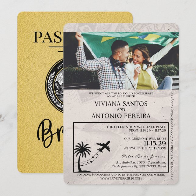 Yellow Brazil Passport Wedding Invitation (Front/Back)