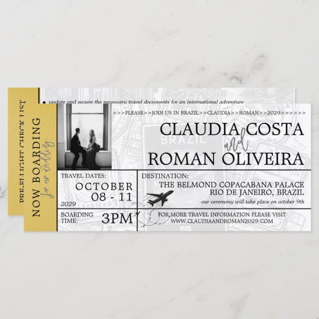 Yellow Brazil Wedding Boarding Pass Invitation (Front/Back)