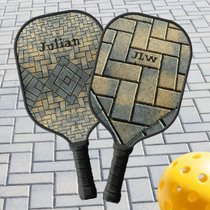 Yellow Brick and Grey Patterned Personalised Pickleball Paddle