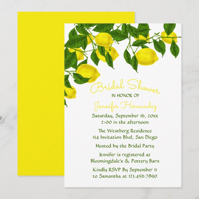 Yellow Bridal Shower  Lemon & Green Watercolor Invitation (Front/Back)